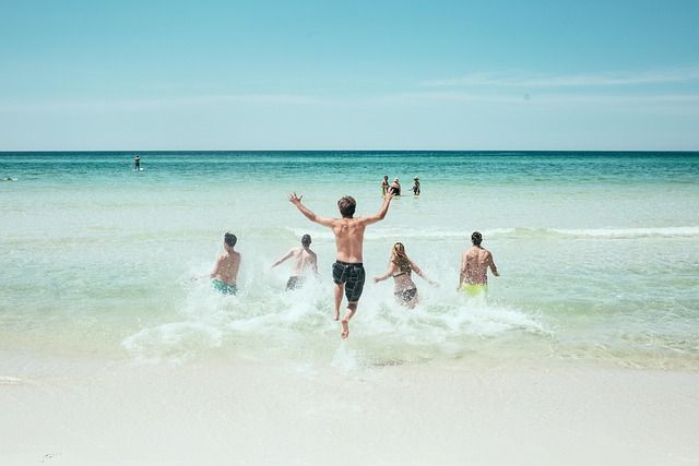 beach, people, running, ocean, nature, sea, seashore, splash, water, bathing, group, fun, active, holidays, vacation, summer, summer vacation