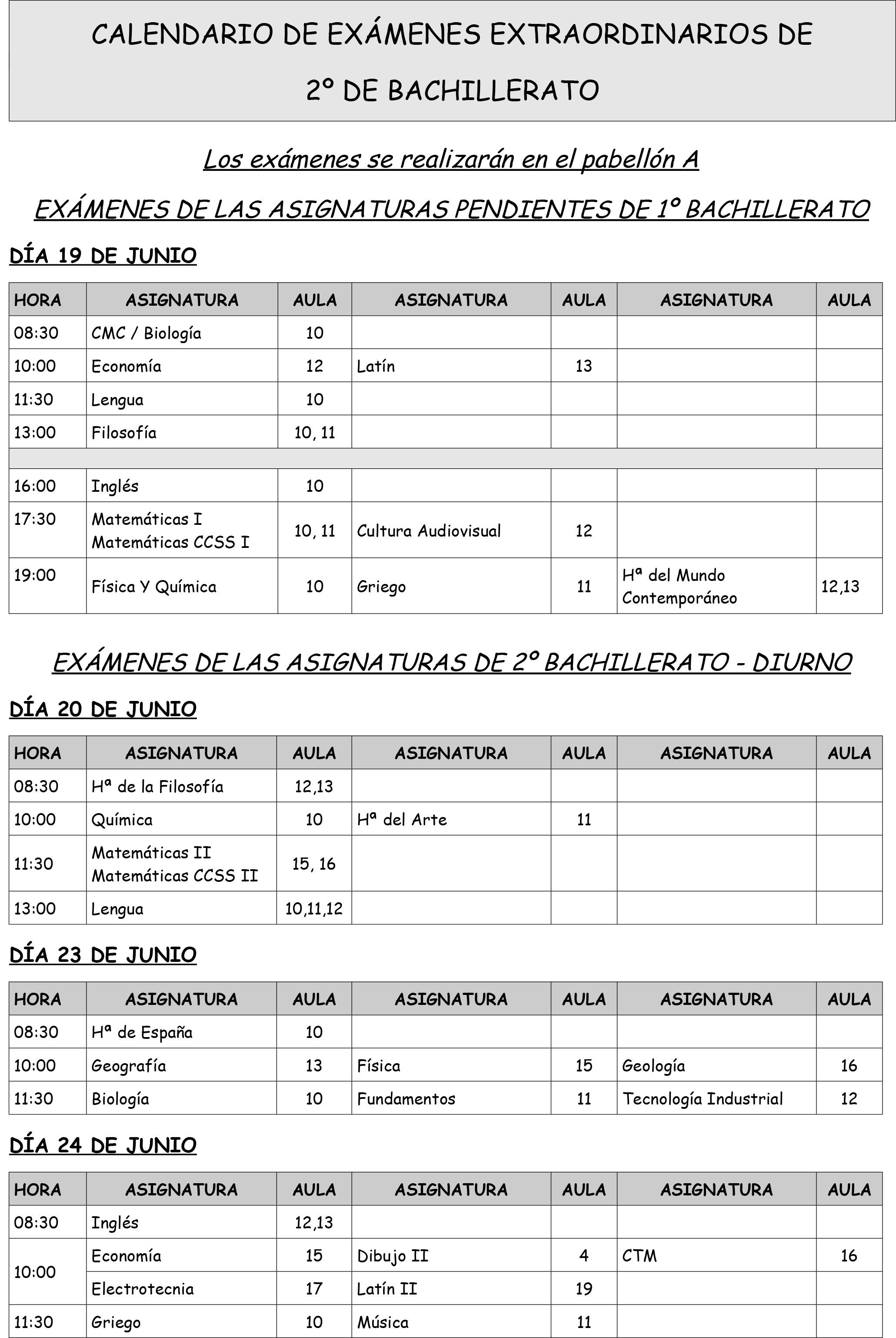 Calendario 2 bachillerato- examenes extraordinarios