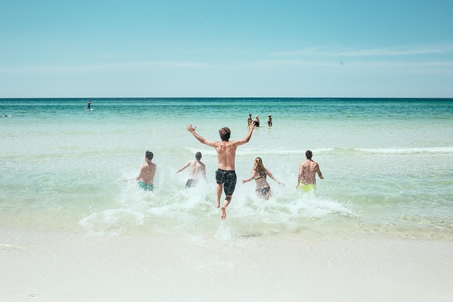 beach, people, running, ocean, nature, sea, seashore, splash, water, bathing, group, fun, active, holidays, vacation, summer, summer vacation